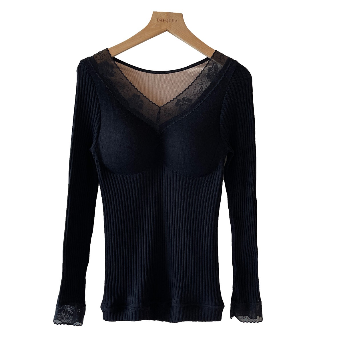 Lace Edge V Tie Chest Pad Warm Top for Women Autumn and Winter Slim Long-Sleeved Fleece-Lined Thickeneded Inner Autumn Coat Bottoming Shirt