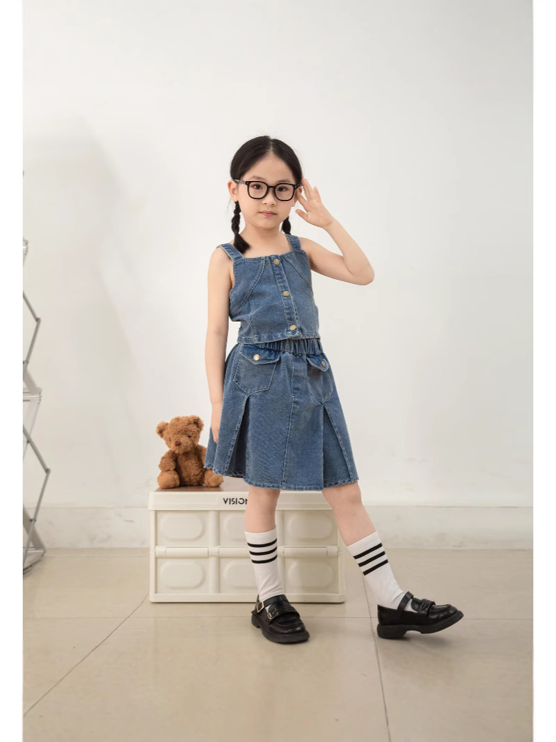 Girls' Single-Breasted Camisole Short Skirt Denim Two-Piece Set 2025 Summer Outfit Wholesale Trendy Girls' Set