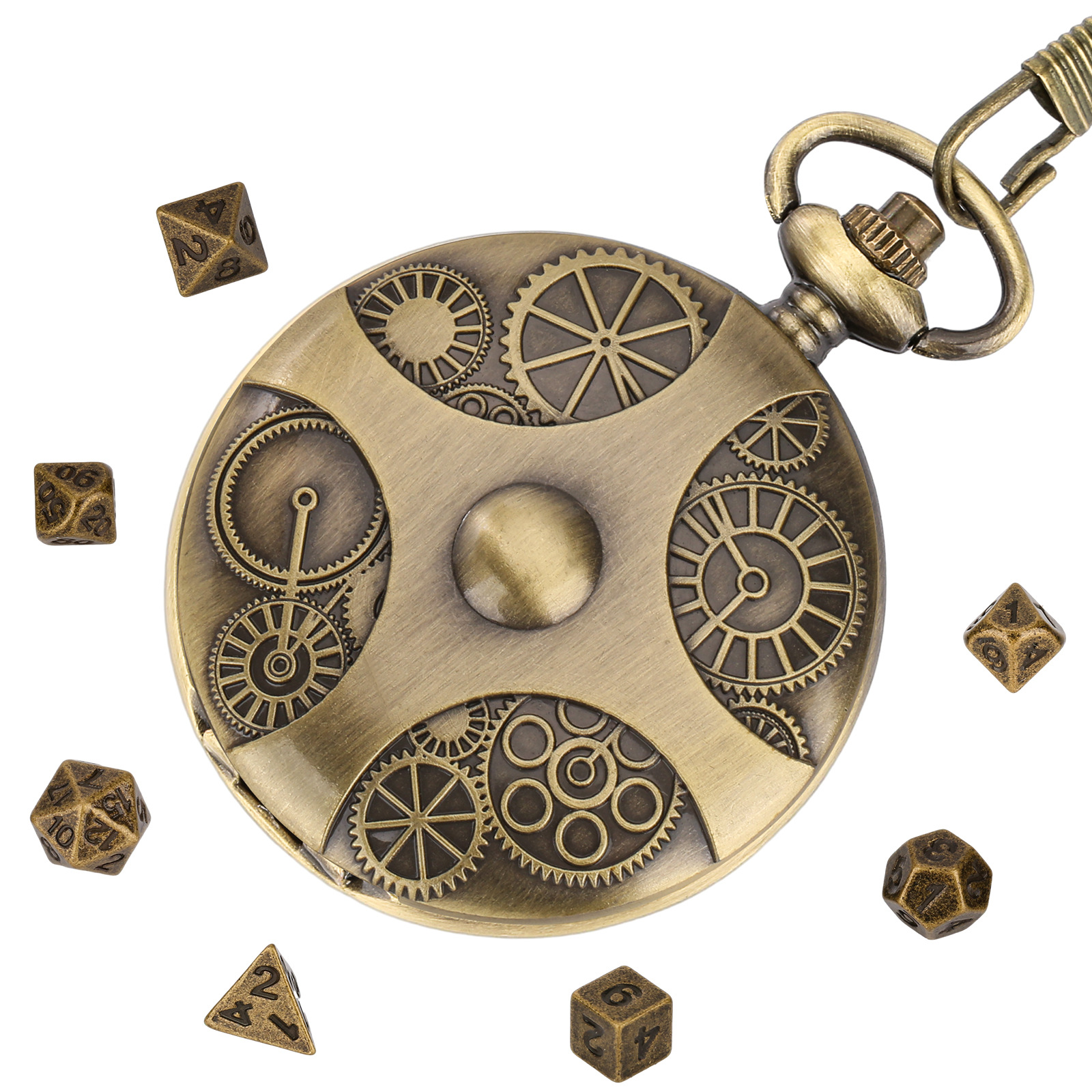 2024 new DND dice bronze gear pocket watch case thick waist chain bronze dice factory in stock direct sales