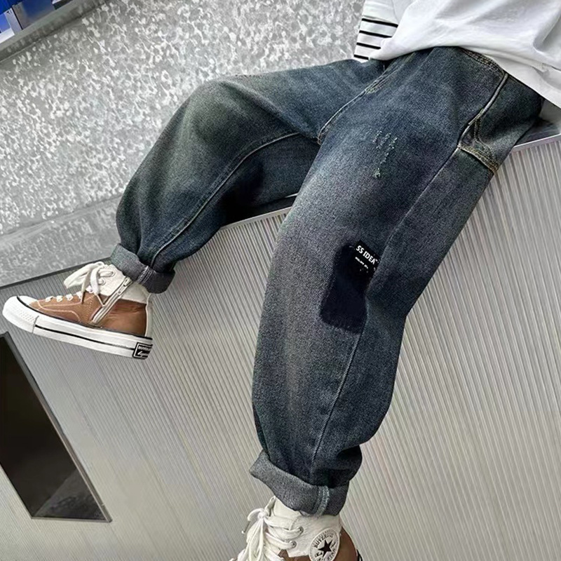 Boys' Jeans, Kidsren's Pants, Trendy Brand 2025 Spring & Fall New Style, Western Style Kidsren's Clothing, Medium and Large Kidsren's Loose Street Pants