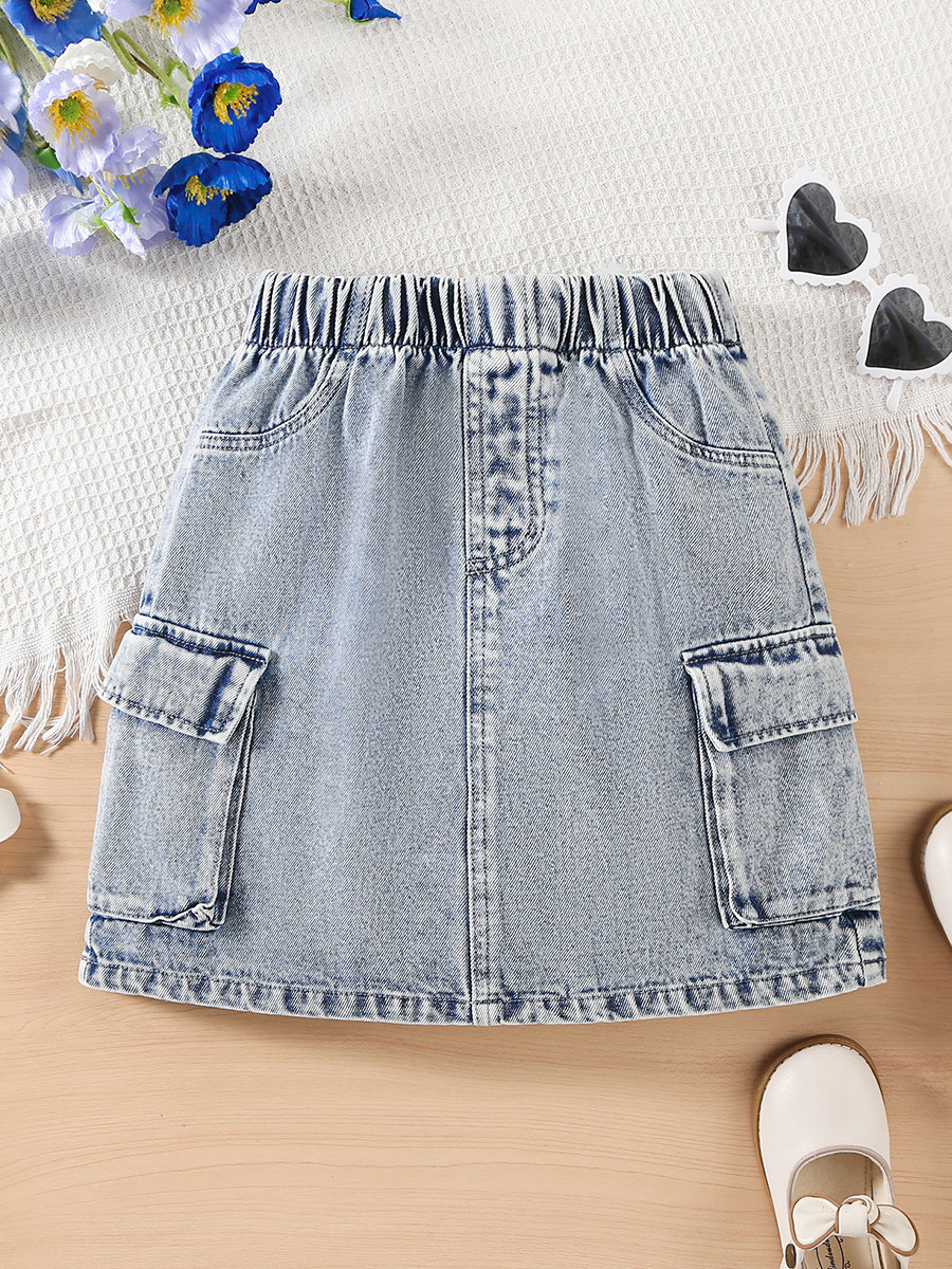 Girls' Casual Fashion Personality Outfit with Side Cargo Pockets, Washed Denim Skirt, Summer Style