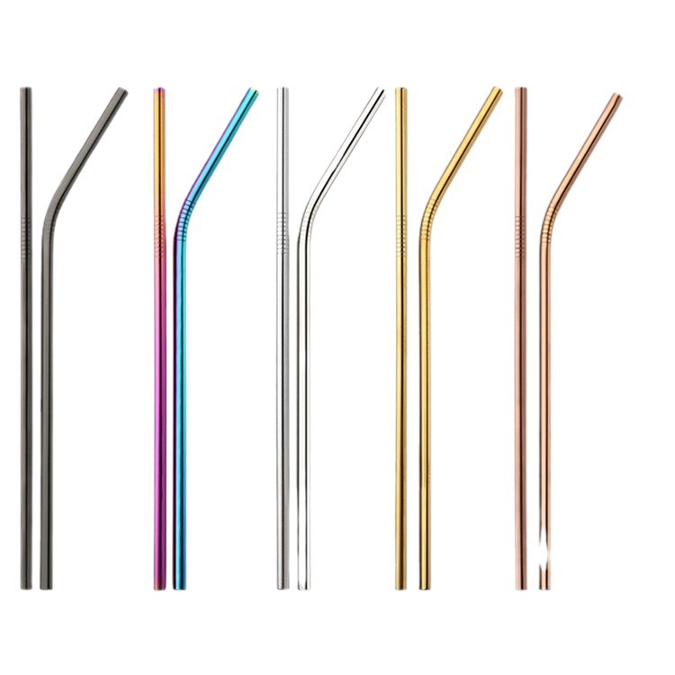 Manufacturer 304 Stainless Steel Straw Beverage Milk Tea Elbow Coffee Creative Metal Colorful Straw Set with Logo Printed