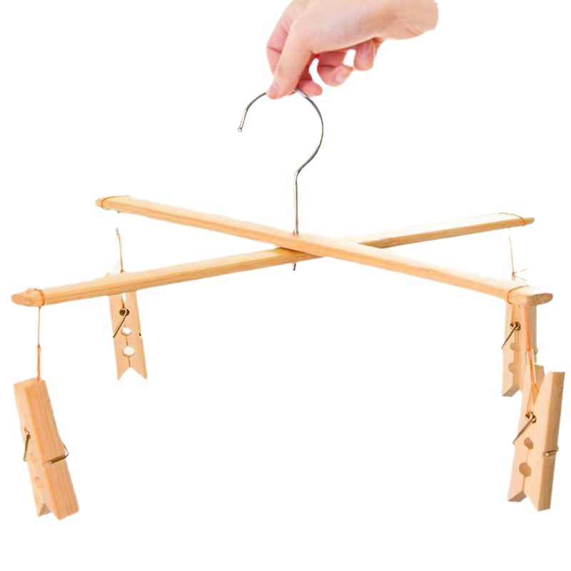 4-head bamboo pants clip multi-functional bamboo folding 4 clips pants clip drying hanger bamboo socks clip in stock wholesale