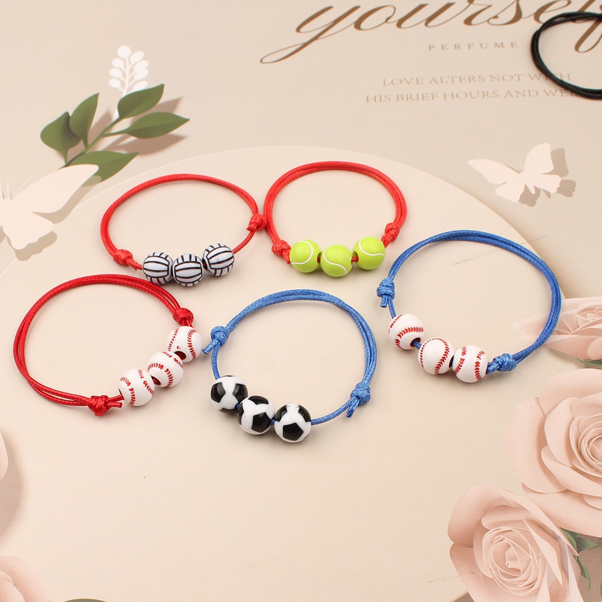 Amazon Hot Selling European and American Cross-border Elastic Adjustable Wax Woven Bracelet Blue Ball Football Tennis Men's and Women's Bracelet