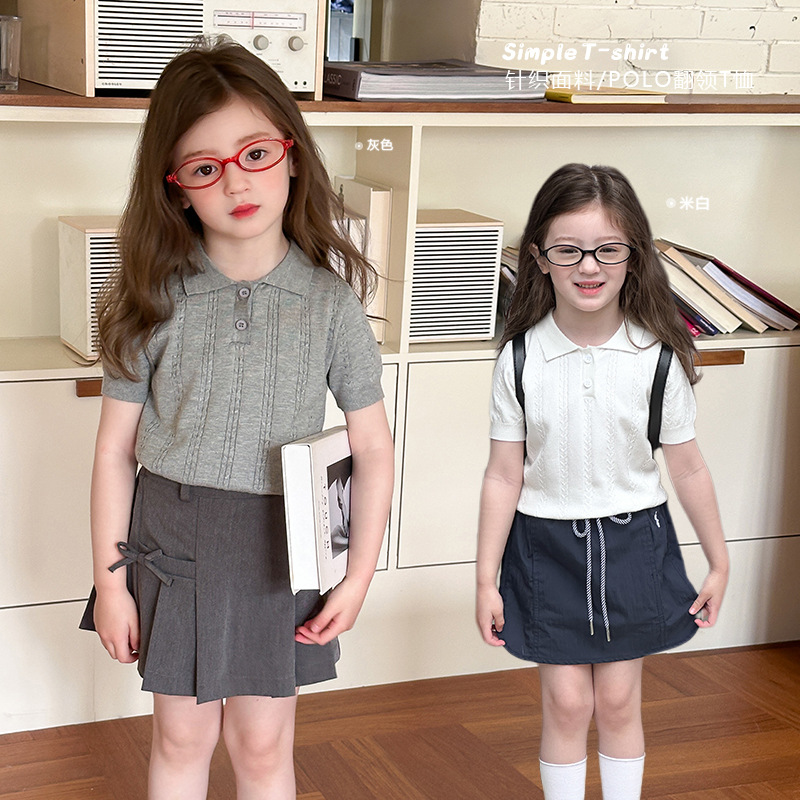 Aimo Beibei футболка для девочек летняя однотонная вязаная с косичками повседневный корейский стиль с коротким рукавом и воротником-поло