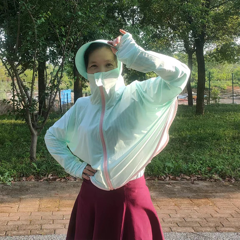 Outdoor Casual Zipper Hat Big Brim Ice Silk Sun Protection Clothing Women's Summer Breathable Loose Long-sleeved Coat Sunshade Clothing