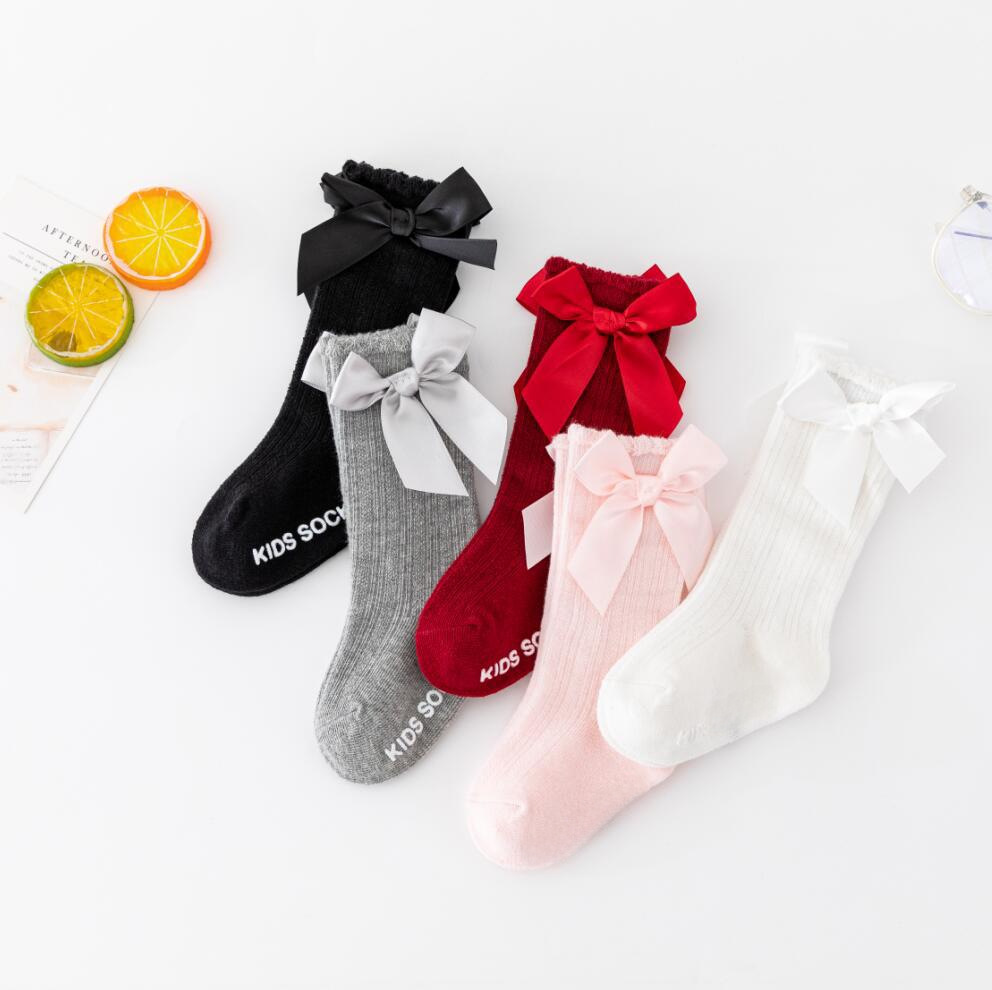 New Pure Color Stripesd Stockings for Boys and Girls, Pure Cotton Non-Slip Bubble Mouth Baby Bow Mid-Calf Socks Wholesale