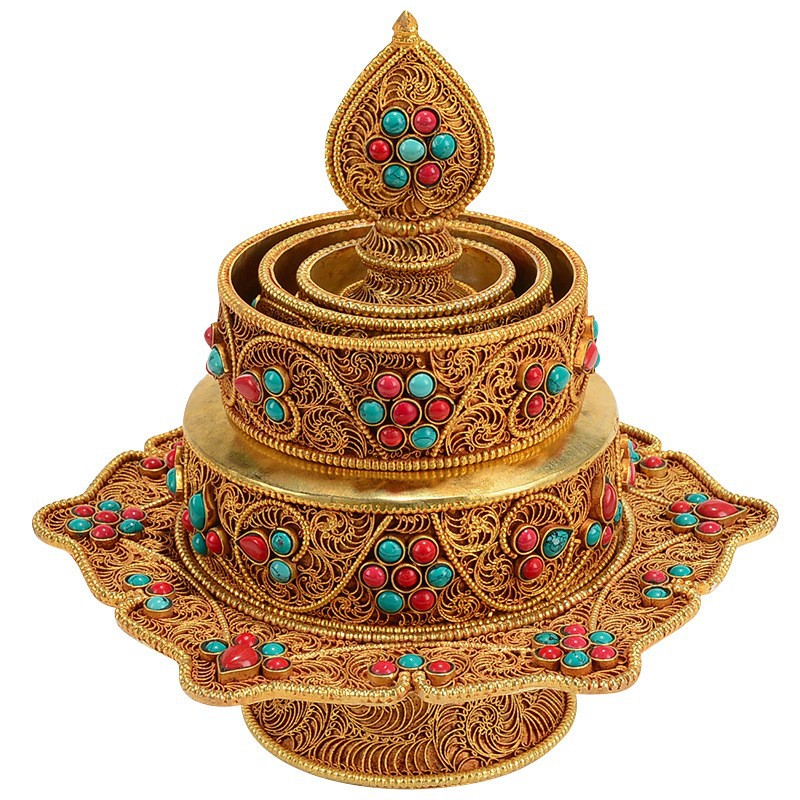 Nepal Handmade Manza Plate Ornaments Indoor Household Copper Silk Manza Tea Compass Gem Inlaid Manda Plate