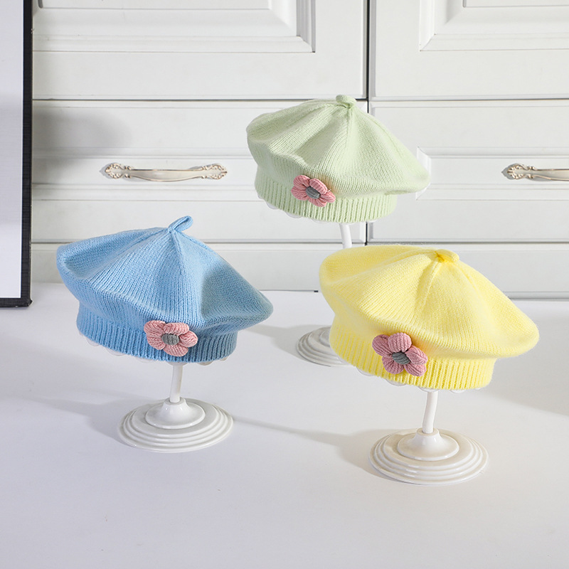 Baby Hat Autumn and Winter Women's Baby Cute Flower Beret Children's Wool Hat Girls' Knitted Painter Hat Trendy