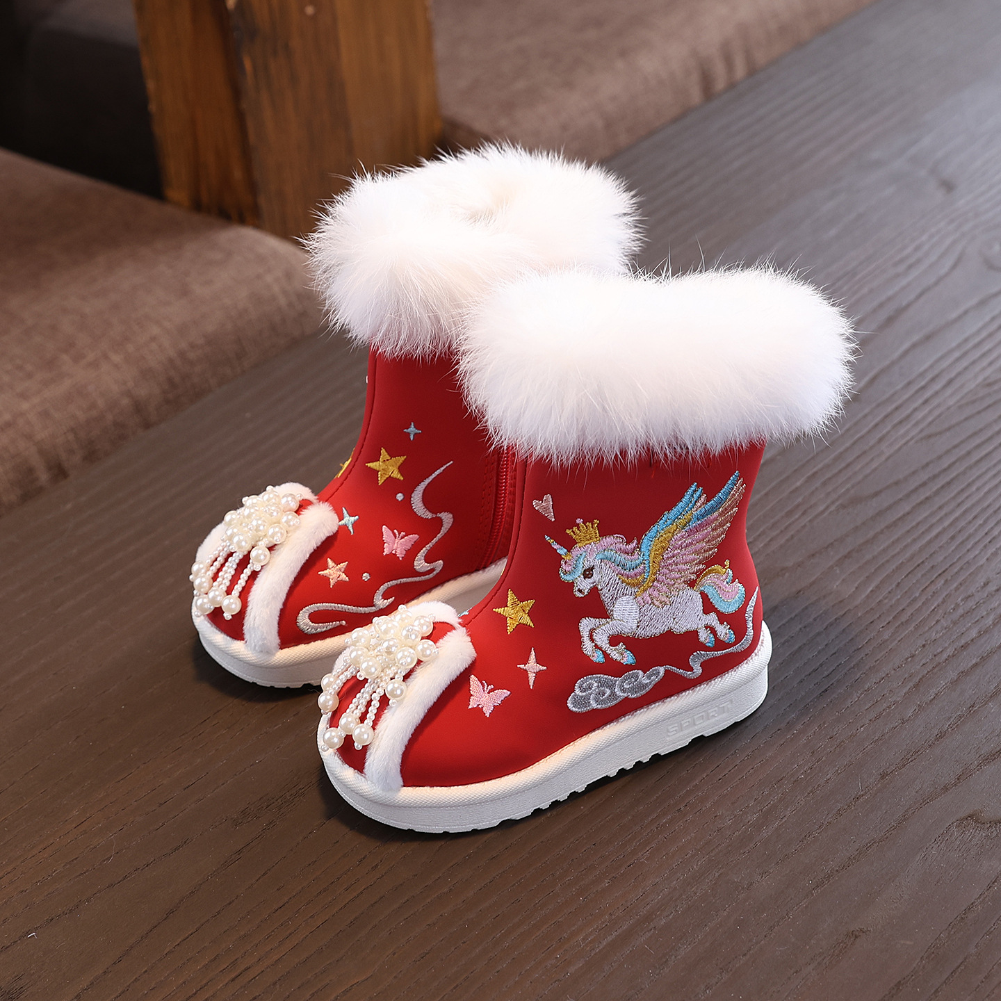 Winter Cotton Boots for Girls, Fleece-Lined Han Dynasty Shoes, Chinese Style Kidsren's Waterproof Leather Boots, Embroidered Shoes, Baby Snow Boots, Cotton Shoes