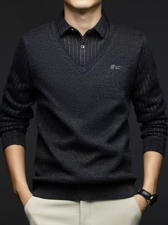 Trendy Chenille Faux Two-Piece Fleece-Lined Thickened T-Shirt Sweater for Men, New Autumn and Winter Versatile Warm Top