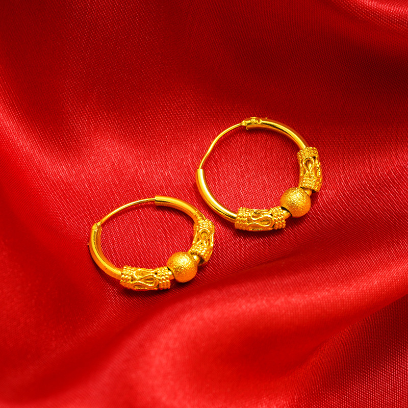 Серьги в стиле Xiaohongshu, ретро серьги с бусинами, золотистые кольцевые серьги, оптовая продажа женских матовых украшений