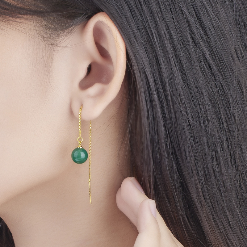 Korean style personalized box chain earrings women's retro ethnic style lady agate round beads long earrings wholesale