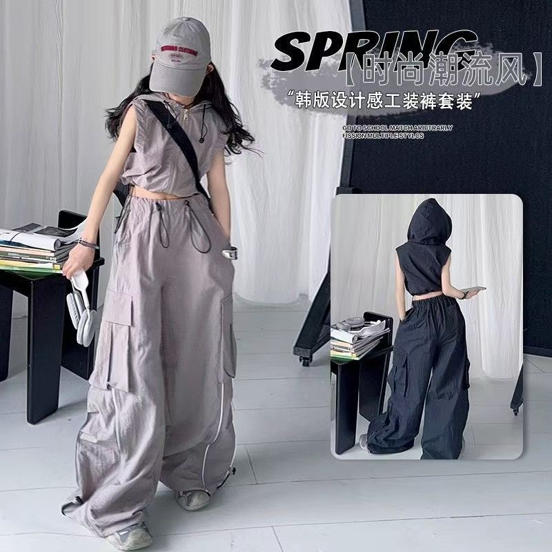 Набор быстрой сушки для девочек 2025 года, стильные универсальные безрукавные брюки с широкими штанинами, двухпредметный комплект