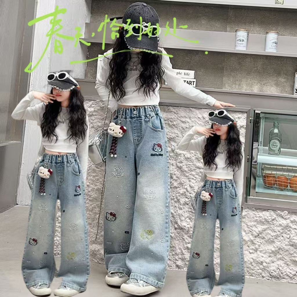 Girls' Jeans Spring and Autumn 2025 New Stylish Children's Autumn Wide-Leg Pants Cartoon Autumn Pants
