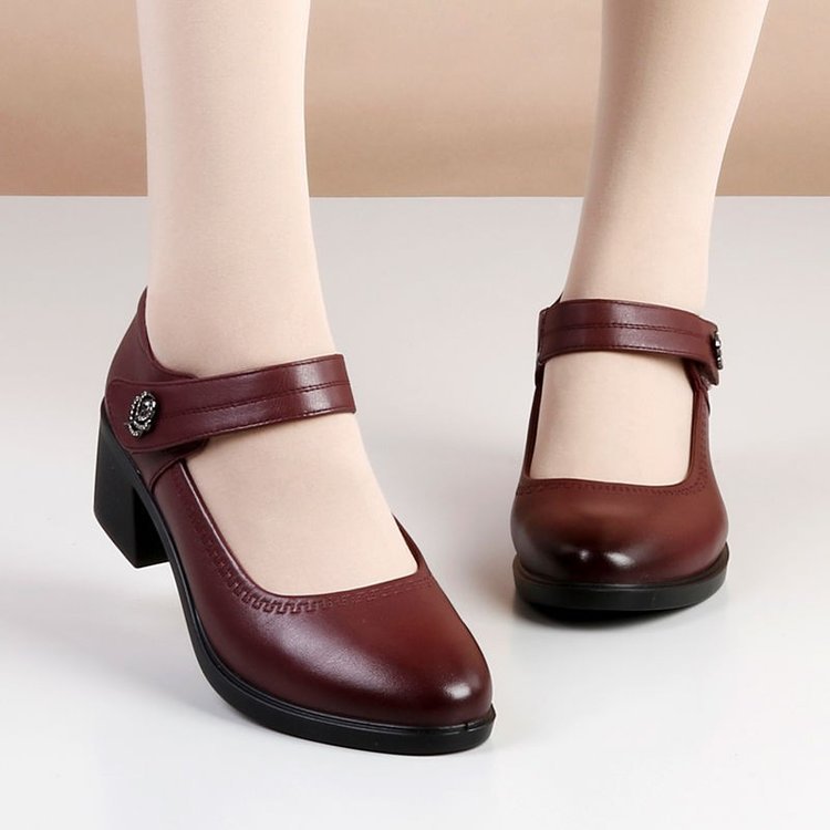 Foreign Trade Genuine Soft Leather Soft Sole Flats for Women 2025 New Medium Heel Mom Shoes Thick Heel Flats Bottom Round Toe Korean Style Small Leather Shoes