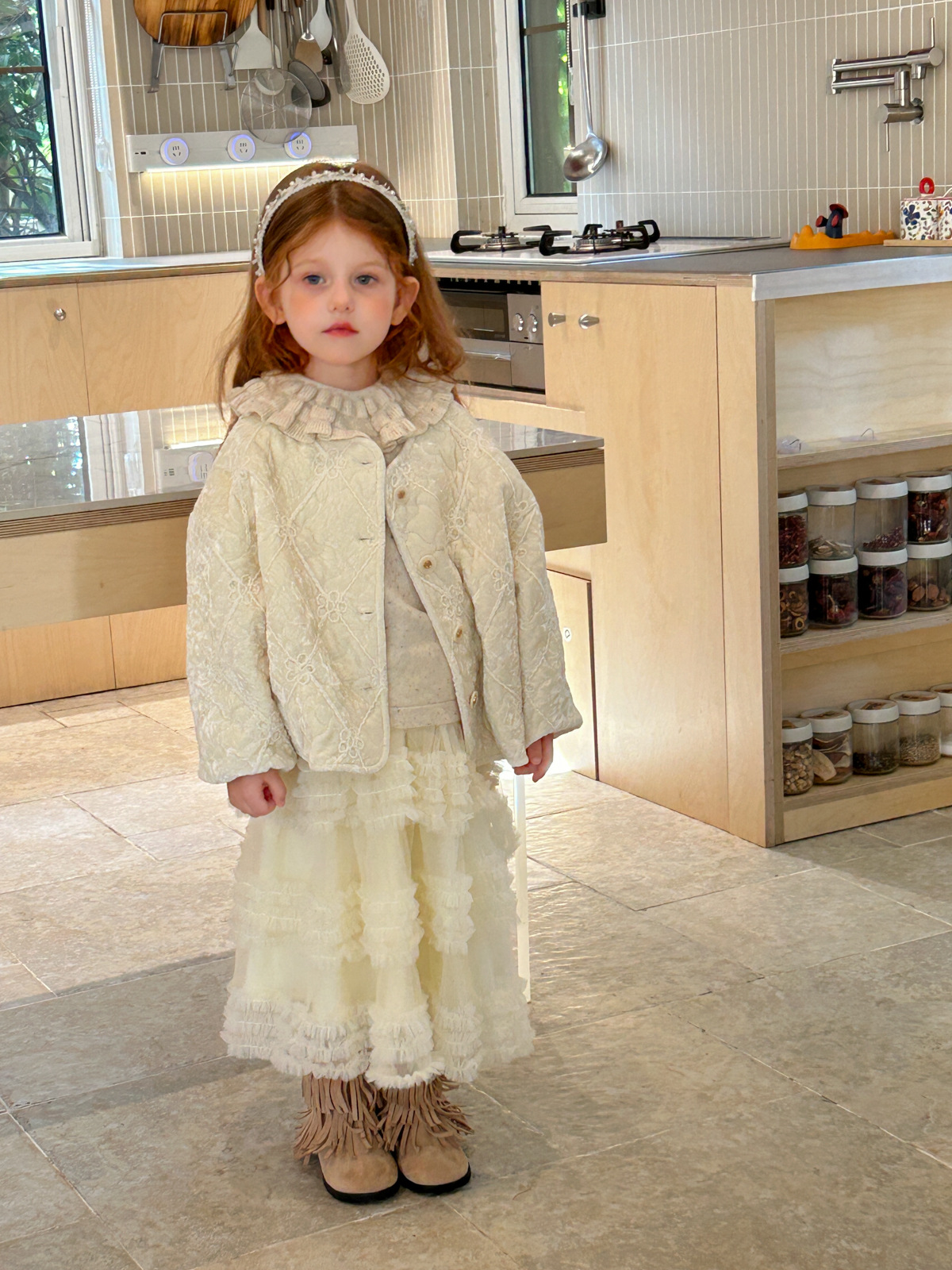 2025 Autumn/Winter New Girls' Quilted Velvet Chanel-Style Floral Cotton Jacket Embroidered Cardigan