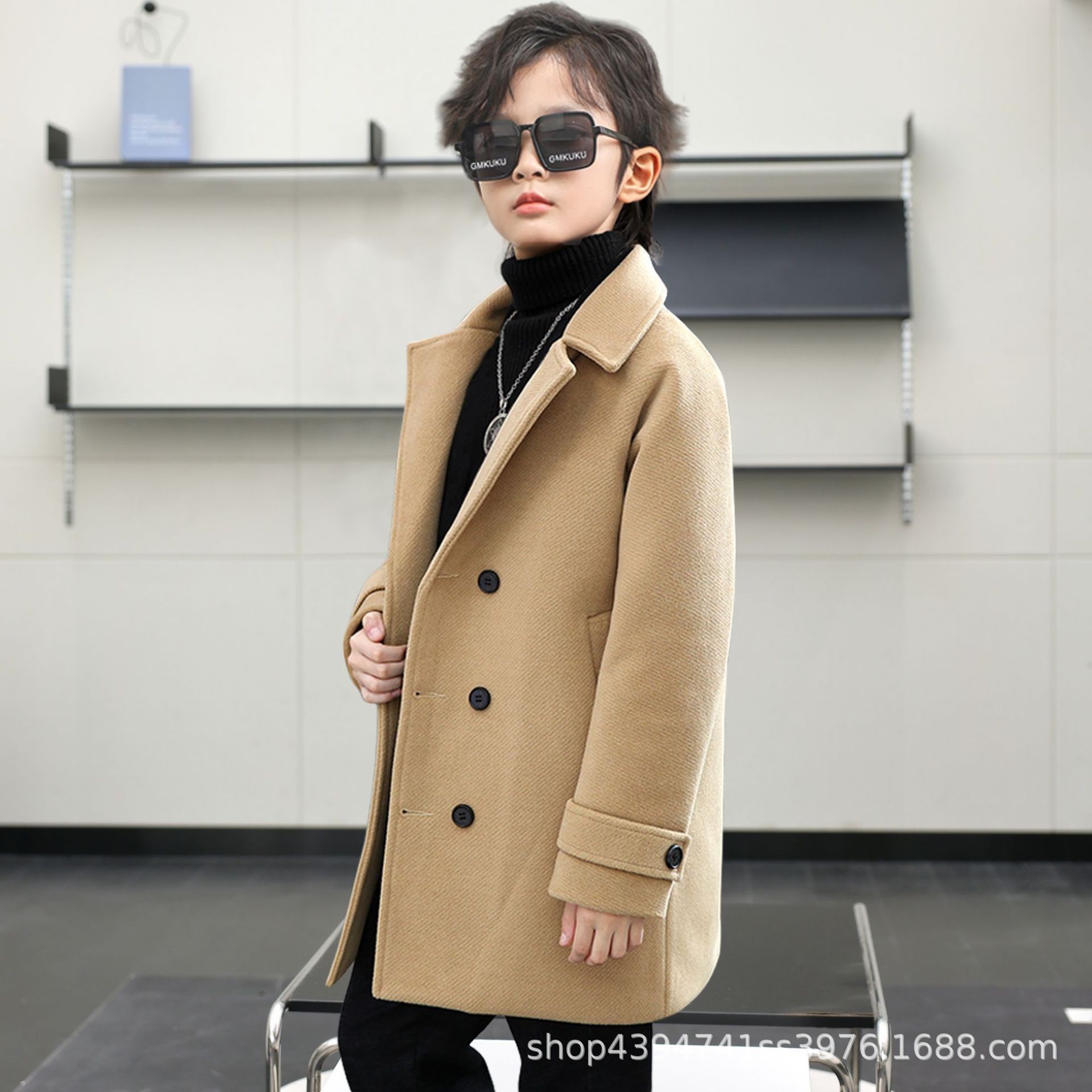 Cross-Border New Autumn and Winter Boys' Double-Breasted Stylish Wool Coat Thickened Children's Turn-Down Collar Mid-Length Wool Jacket