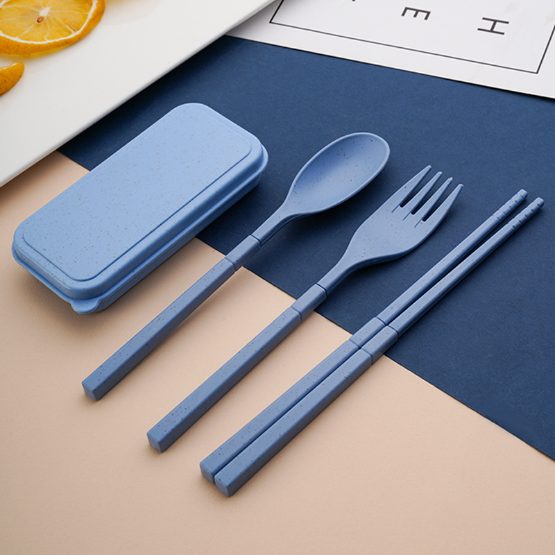 Wheat straw removable portable tableware suit outdoor picnic spoon fork chopsticks plastic tableware storage box wholesale