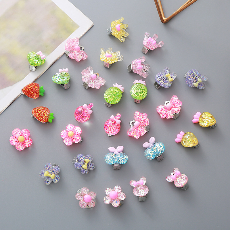 Children's Ear Clips for Girls and Babies Without Pierced Ears, Pain-Proof, Cute Resin Glitter Crown Flower Princess Earrings Jewelry