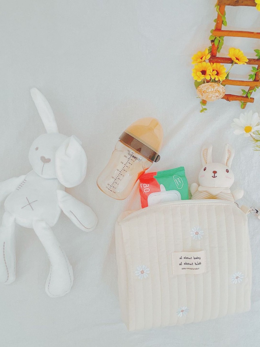 New Zipper Embroidered Cotton Mummy Bag Baby Trolley Hanging Bag Diaper Bag Portable for Travel