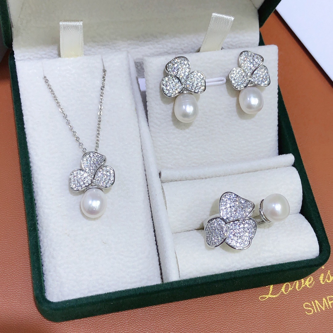 Комплект с инкрустированными пресноводными жемчужинами оптом, универсальные ювелирные изделия, модные подвески, серьги, кольцо, трехчастный набор