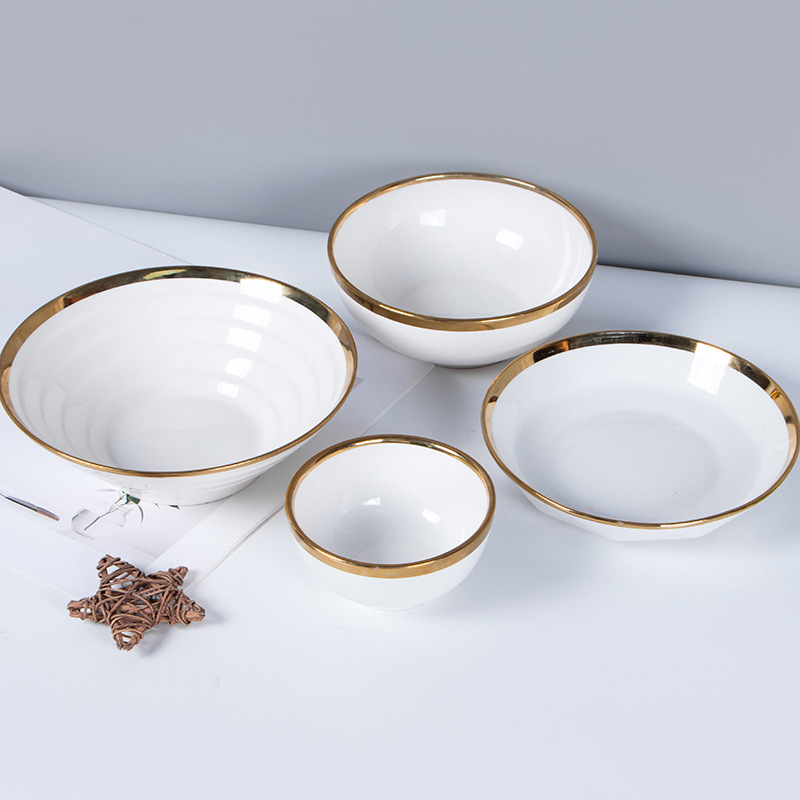 2026 New Electroplated Gold Soup Bowl Series Ceramic Bowl Light Luxury Nordic Style Creative Tableware Wholesale Salad Bowl