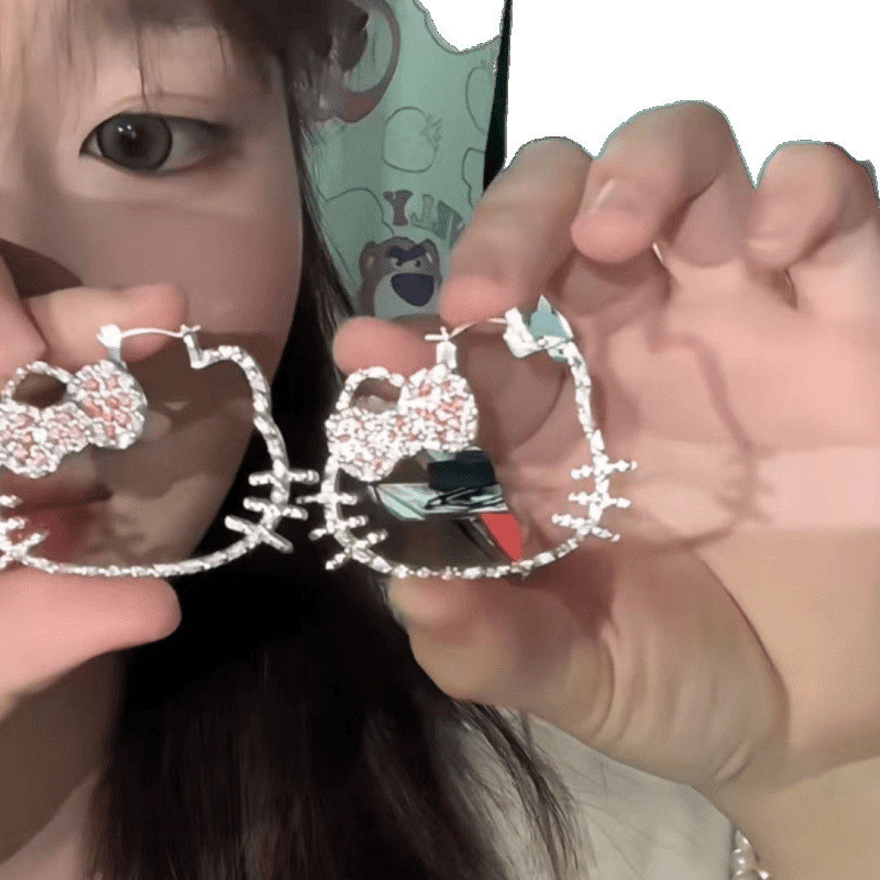 Hellokitty Cute Earrings Are Suitable for Summer Earrings Full of Diamonds, Exaggerated High-End Niche Sweet Hoop Earrings