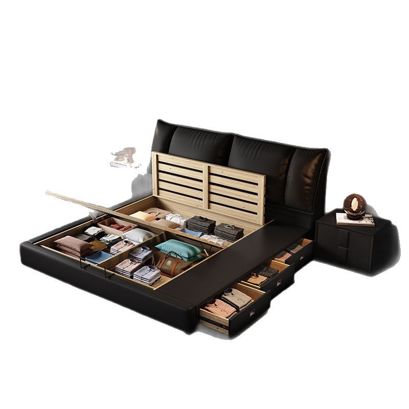 Italian Style Minimalist Small Apartment Leather Bed 1.5 Light Luxury Master Bedroom Soft Bag Double Wedding Bed Modern Minimalist Floor-Standing Storage Bed
