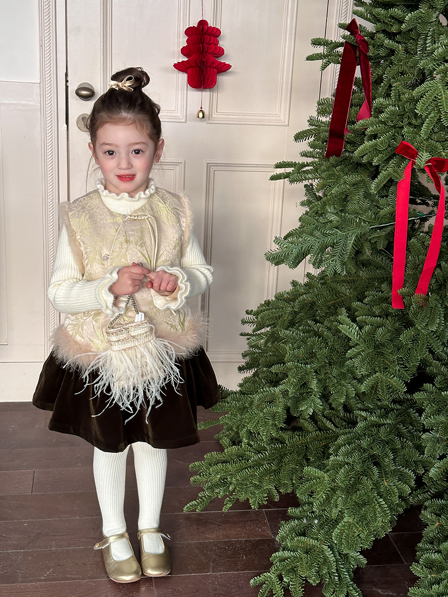 [Clearance Item] Girls' Fleece-Lined Chinese Style Satin Jacquard Thickened Vest Winter New Chinese Style Qipao Vest for New Year