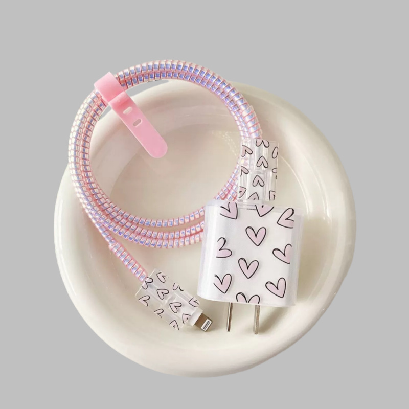 Casual Letters Colorful Heart Suitable for Apple Charger 20W Charging Head Cover Protective Cover Data Cable Bite