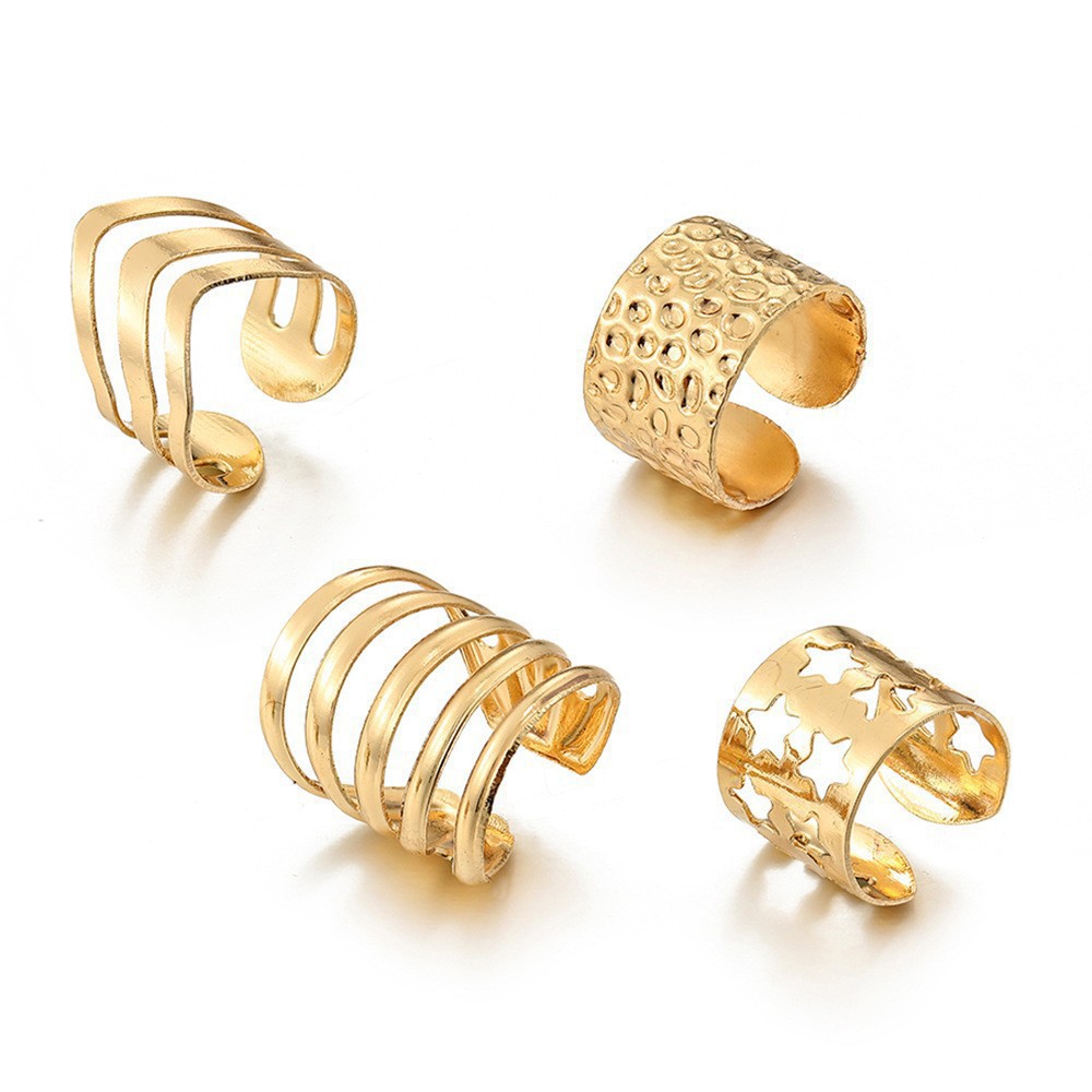 European and American Creative, Simple, Personalized, High-End Gold Non-Pierced Star Hollow Ear Cuff C-Shaped 4-Piece Set of Earrings