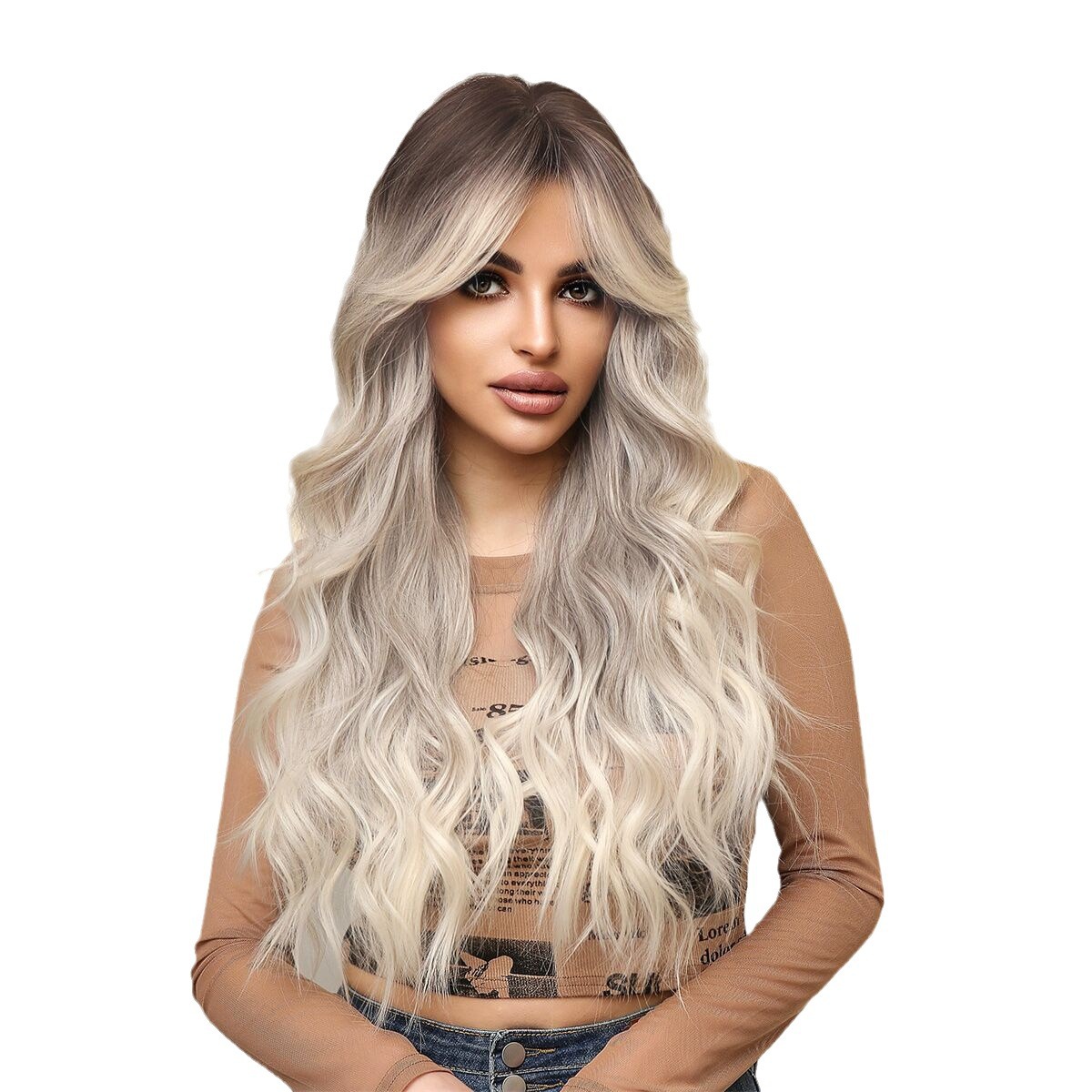 European and American full head cover wig long curly hair eight-character bangs natural gold brown gradient gray female wig high temperature silk rose net
