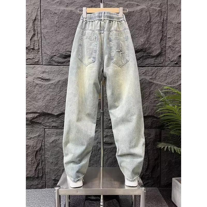 American Retro Washed Embroidered Jeans Men's Trendy High Street Loose Straight Wide-Leg Pants Men's Floor-Length Trousers