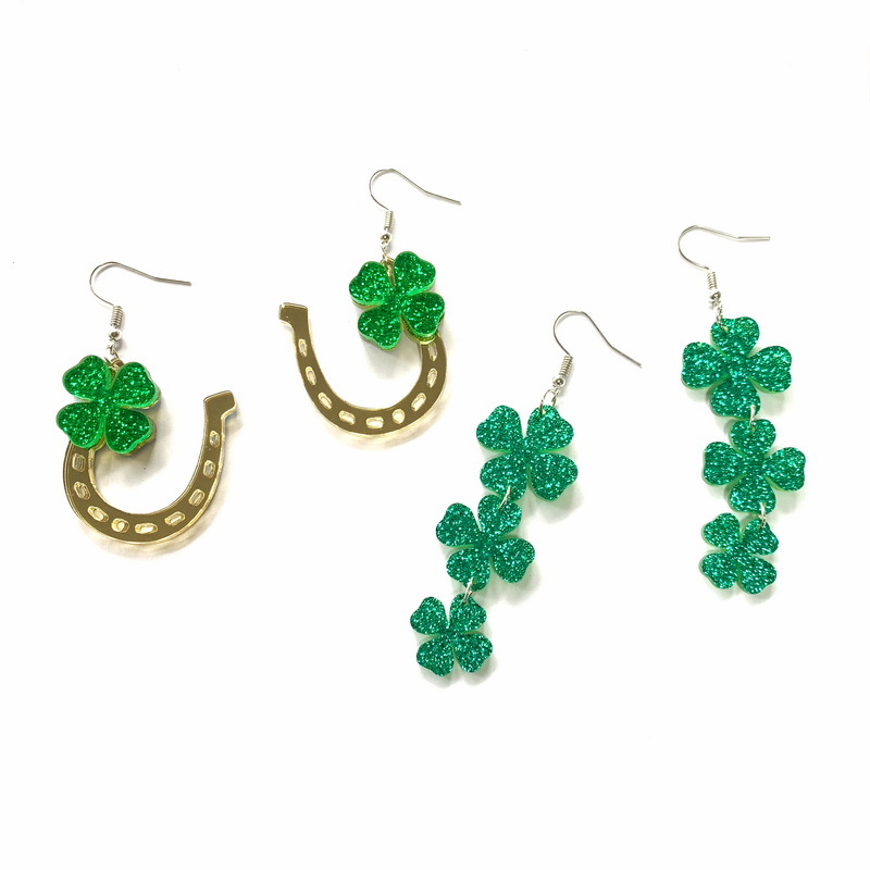 St. Patrick's Day Carnival Korean-style Cool All-match Green Acrylic Glitter Four-leaf Clover Clover Horseshoe
