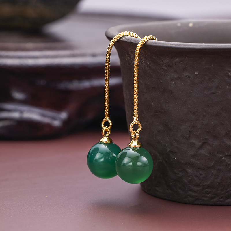 Korean style personalized box chain earrings women's retro ethnic style lady agate round beads long earrings wholesale