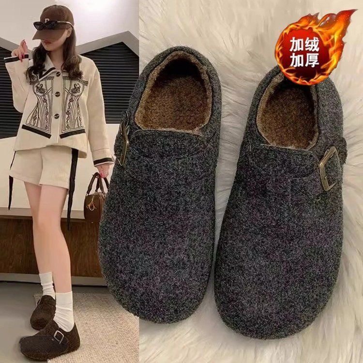2025 New Autum Style French Retro Outer Wear Round-Toe Felt Fleece-Lined Birkenstock Shoes for Women, One-Legged Warm Cotton Scoop Shoes