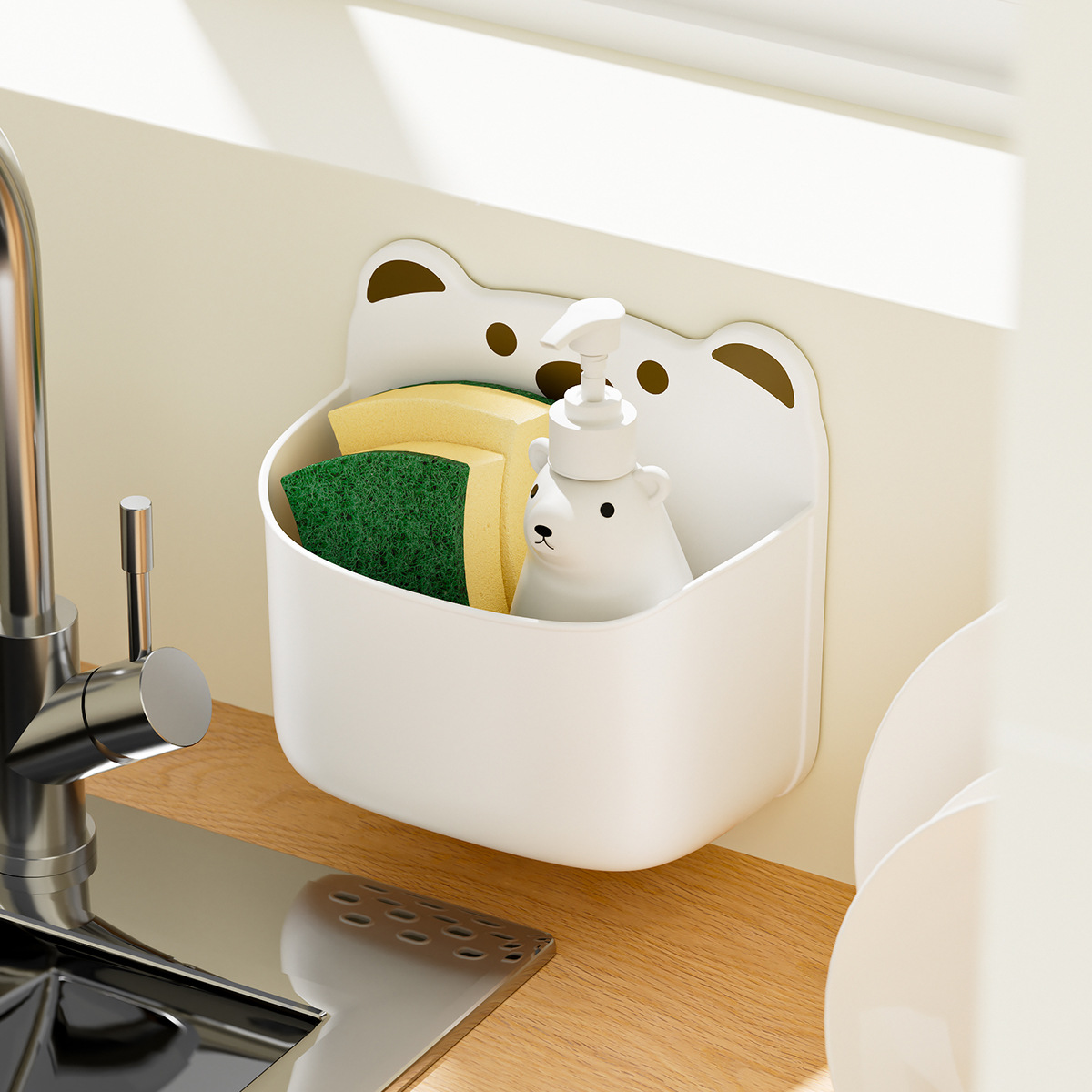 Wall-mounted cartoon bear cute storage box kitchen scallion, ginger and garlic hole-free storage wall storage refrigerator side hanging blue