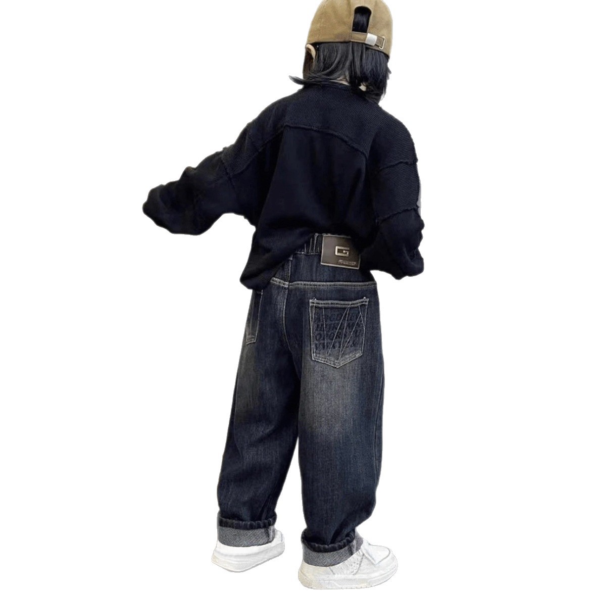 Boys' Fleece-Lined Jeans, Spring and Autumn 2025 New Style, Medium and Large Children's Pants, Children's Integrated Fleece Loose Long Pants, Trendy
