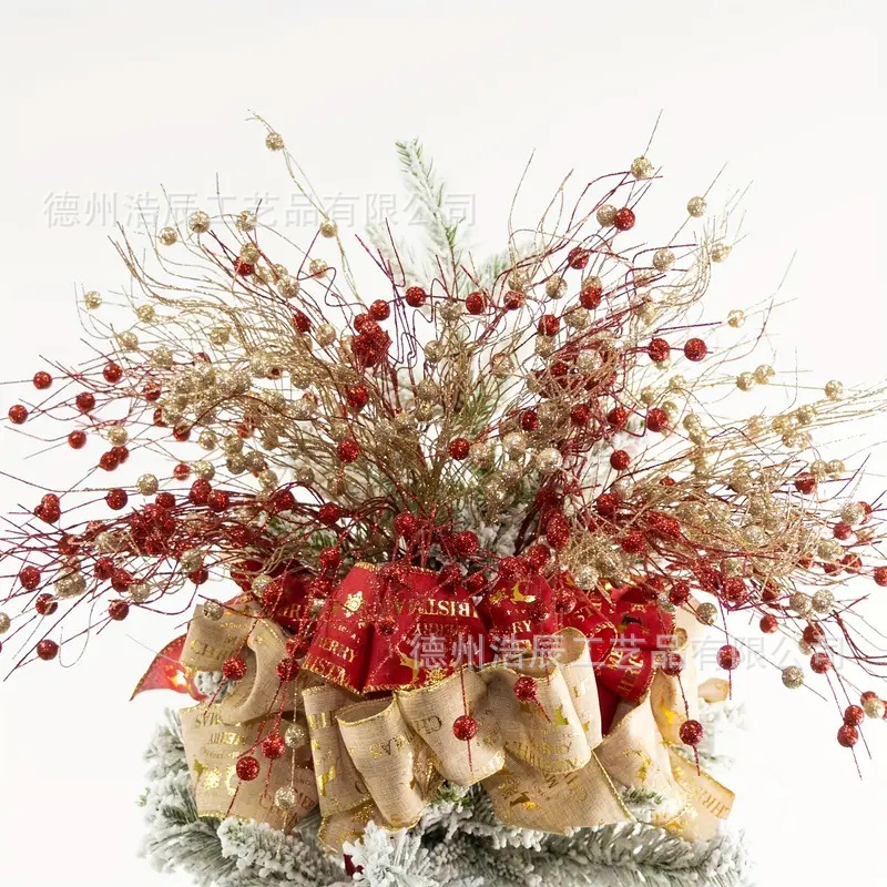 Cross-Border Popular Curved Ribbon Fruit Berry Stem Christmas Gold Powder Cutting Accessories Holiday Celebration Christmas Artificial Flowers Wholesale