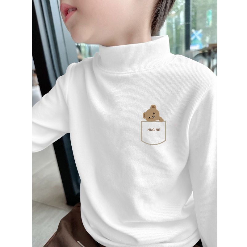 Y2556 # Children's Thermal Half-High Collar Base Shirt for Autumn and Winter, Boys' Long-Sleeve T-Shirt, Fleece-Lined Warm Top for Older Children.