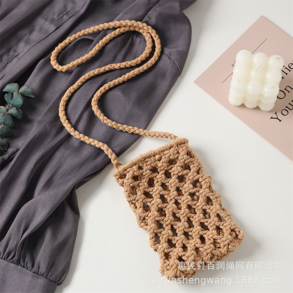 Handmade Woven Mobile Phone Bag Summer Small Bag Mini Crossbody Holiday Women's Bag Multiple Combination Cotton Rope Bag Net Pocket