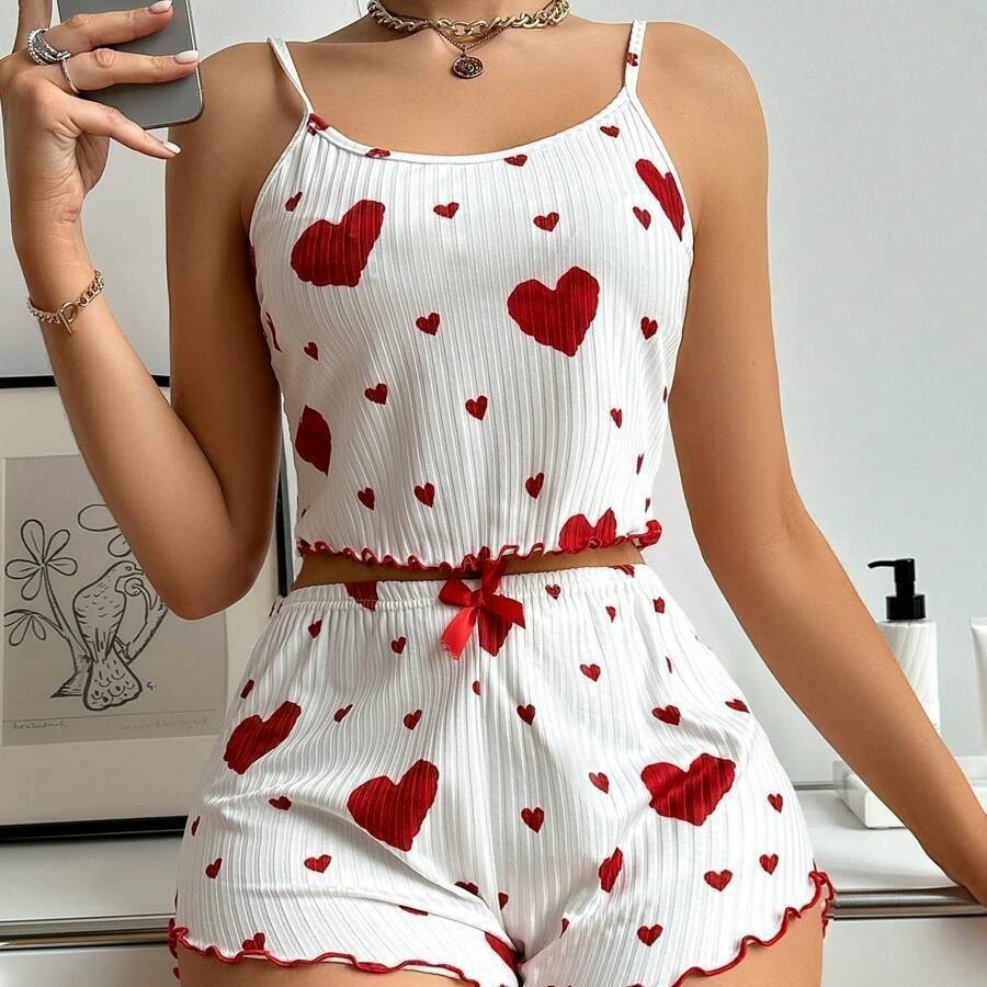 Hot New Cross-border European and American Fashion Heart-shaped Eyelash Printed Pit Sexy Pajamas Set Women's Pajamas
