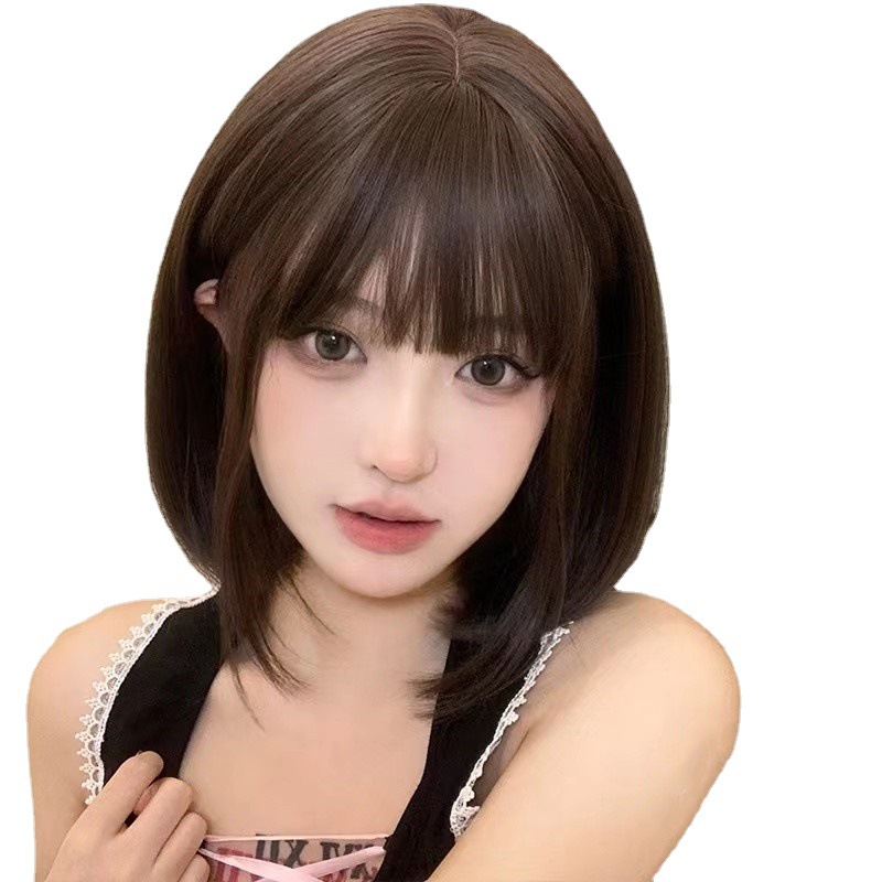 2020 Wig for Women, Bobo Style Short Straight Hair with Inward Curls, Korean Style Full Wig, Bobo Style Korean Girl Style