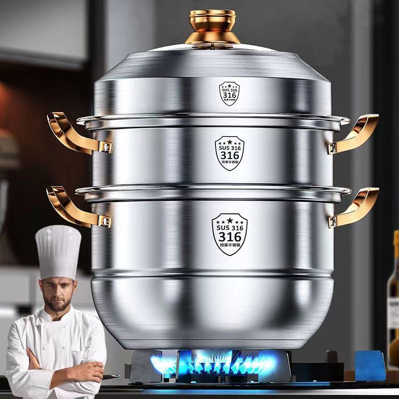 Пароварка из нержавеющей стали 316, пищевая 304, утолщенная, кастрюля для супа, паровые булочки, двойной слой, три или четыре слоя, универсальная индукционная плита