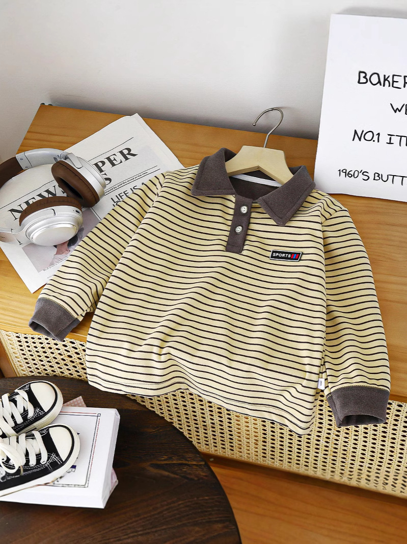 2025 Spring and Autumn Children's Base Shirt Boy's Velvet Polo Shirt New Striped Top Loose All-match Turtleneck Shirt