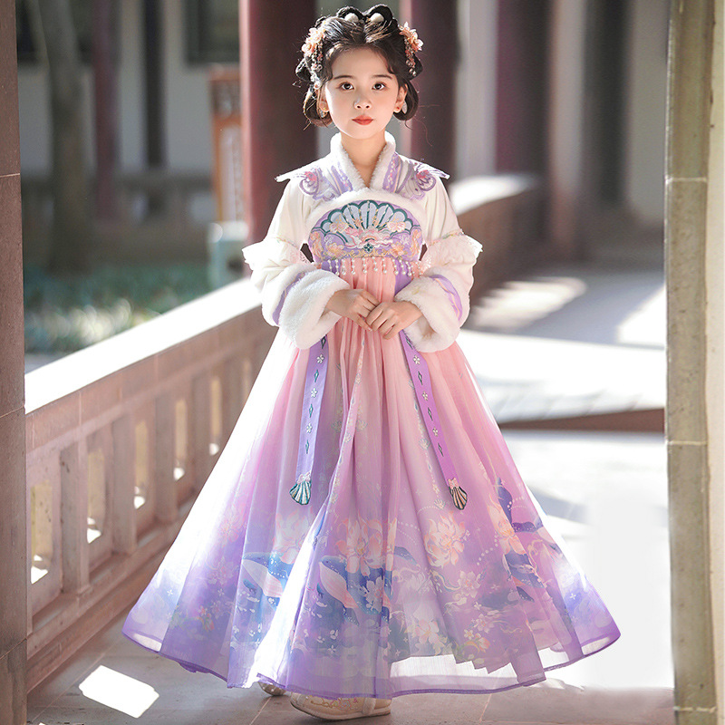 Han Dynasty Girls Autumn and Winter 2025 New Style Princess Dress Fleece-Lined Kidsren's Chinese Style Tang Suit Girl Skirt