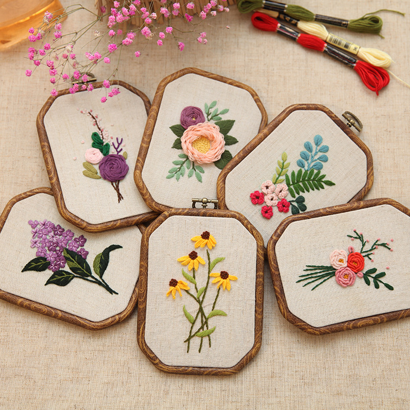 Octagonal Embroidered Stretch Hanging Painting Handmade Embroidery DIY English Novice Needlework Kit Lu Embroidery Flower and Grass European Hanging Painting