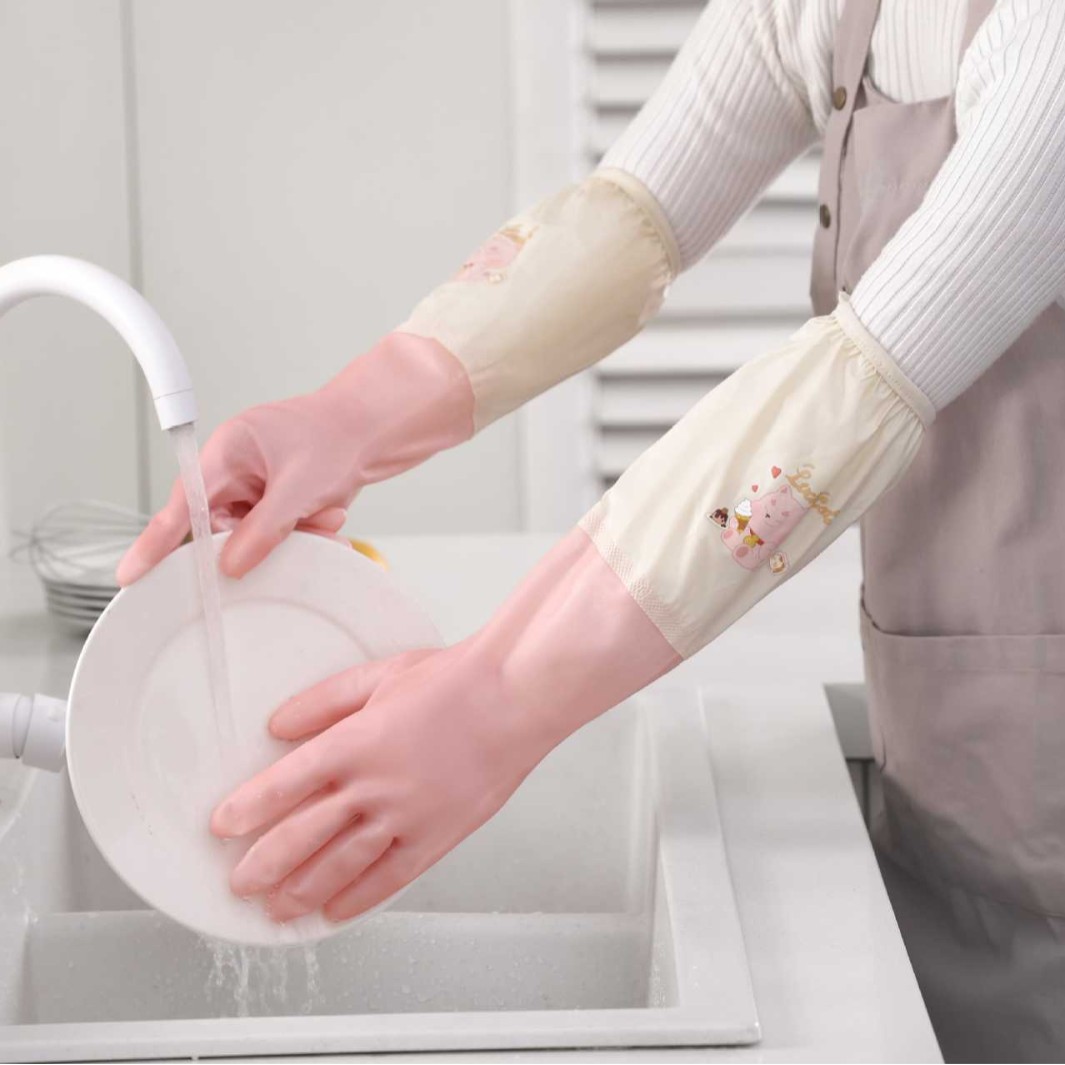 Kitchen Durable Housework Dishwashing Gloves Short Rowan Mouth Thickeneded Velvet Laundry Waterproof Cleaning Rubber Gloves