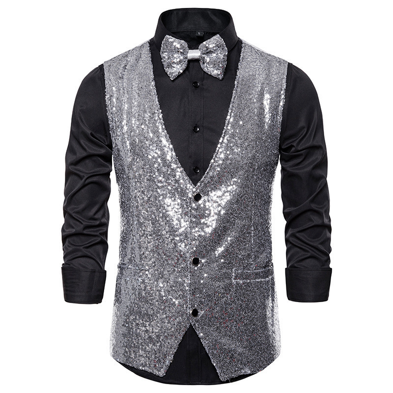 Amazon Men's Stage Performance Clothing Sequin Vest Without Tie Vest for Studio Photography Host Singer